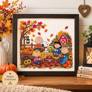 Autumn Farm Cross Stitch Pattern, Pumpkin Sunflower Barn Scene (Digital Download)