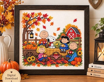 Autumn Farm Cross Stitch Pattern, Pumpkin Sunflower Barn Scene (Digital Download)