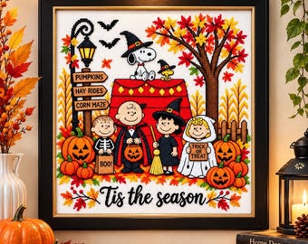 Halloween Cross Stitch Pattern, Costumed Characters, Pumpkins (PDF Download)
