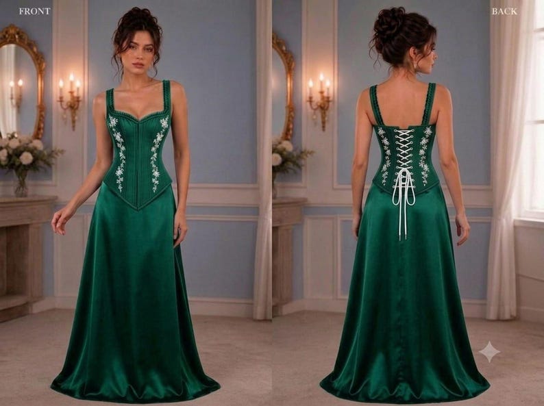 Front and back views of a model wearing a dark green satin dress featuring a corset bodice with white floral embroidery and lace-up back.