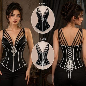 Front and back views of a model wearing a black corset with white piping and decorative embroidery, paired with black pants.