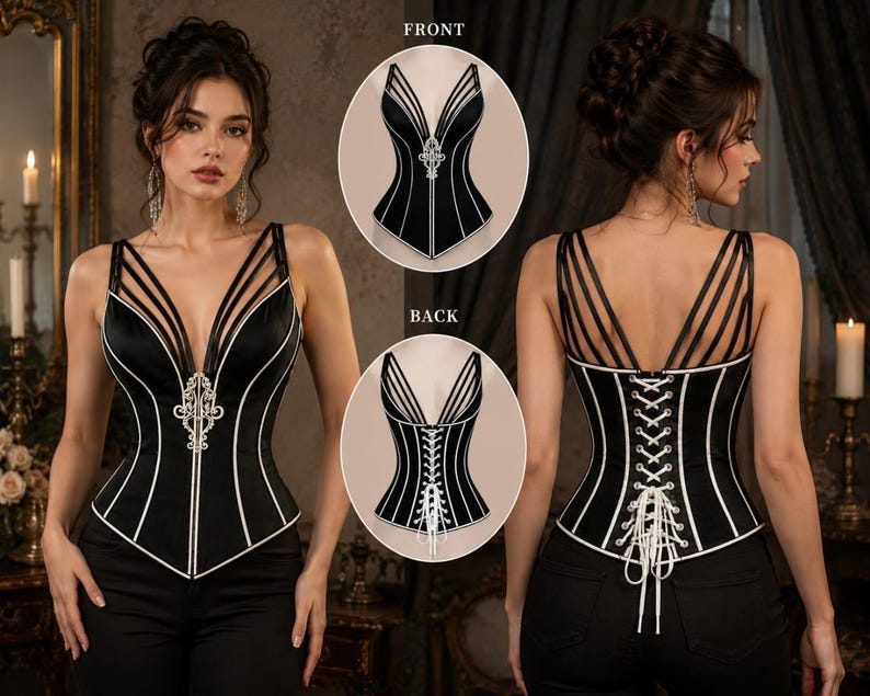 Front and back views of a model wearing a black corset with white piping and decorative embroidery, paired with black pants.