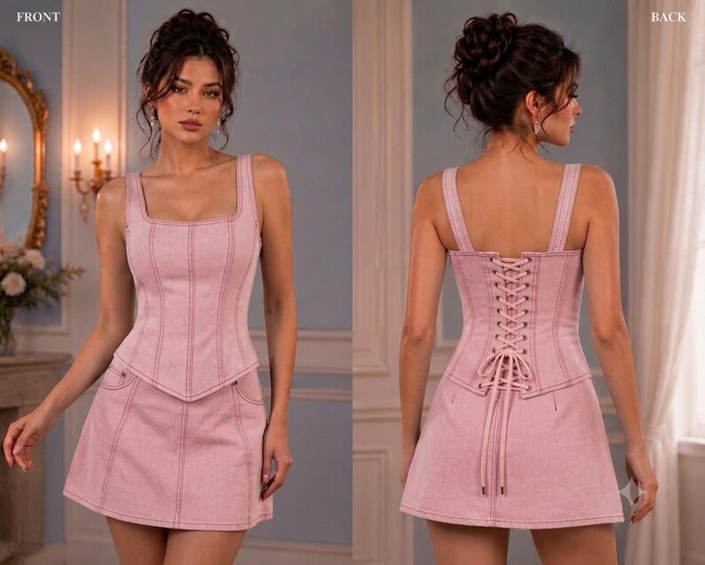 Front and back views of a model wearing a pink denim-style corset top and matching mini skirt with white contrast topstitching.