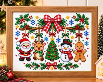 May include: A framed cross-stitch embroidery featuring a horizontal branch decorated with a red and white chequered bow, holly, and hanging ornaments including Santa Claus, a reindeer, a Christmas tree, a snowman, and a gingerbread man.