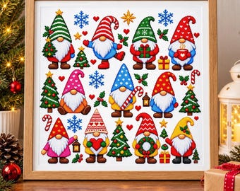 Gnome Cross Stitch Pattern, Christmas PDF Sampler, 200 × 200 Stitches
