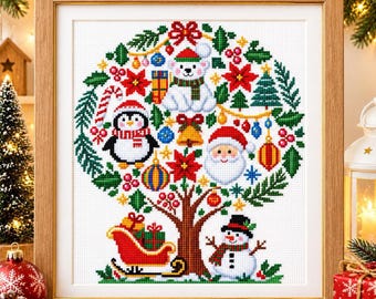 Christmas Tree Cross Stitch Pattern, Santa and Snowman PDF Download