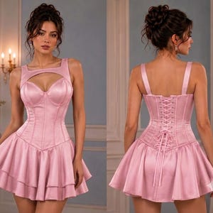 A woman wearing a shiny pink satin corset dress shown from the front and back, featuring a cutout neckline and laced-up back detailing.