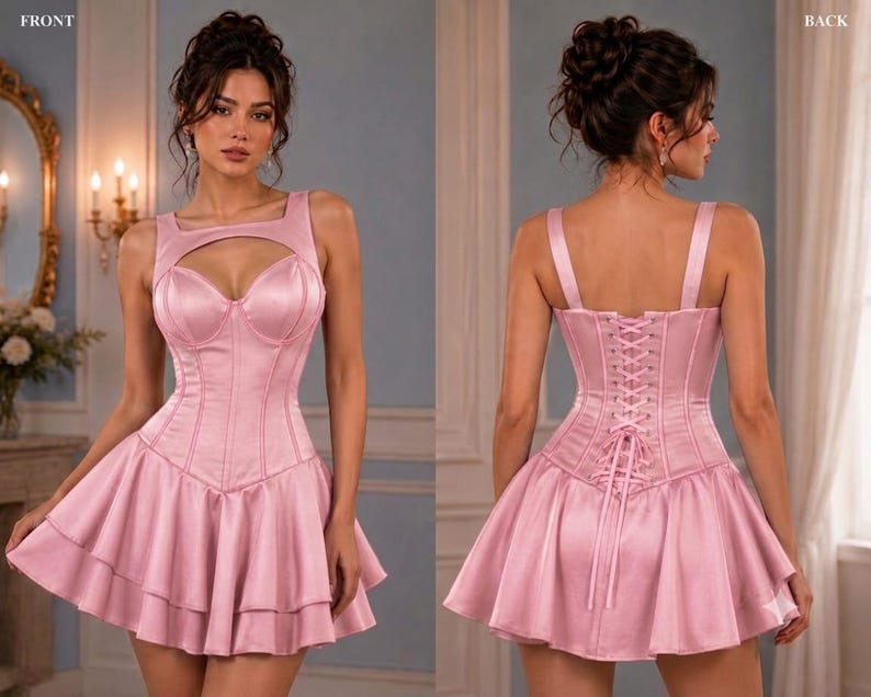 A woman wearing a shiny pink satin corset dress shown from the front and back, featuring a cutout neckline and laced-up back detailing.