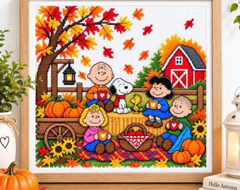 Autumn Harvest Cross Stitch Pattern, Fall Friends, Pumpkins, Barn (Digital PDF)