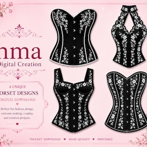 May include: Four black corsets featuring white floral embroidery and white piping details. The designs include a sweetheart neckline, a halter neck with scalloped edges, a square neckline with wide straps, and a classic strapless corset silhouette.