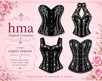 May include: Four black corsets featuring white floral embroidery and white piping details. The designs include a sweetheart neckline, a halter neck with scalloped edges, a square neckline with wide straps, and a classic strapless corset silhouette.