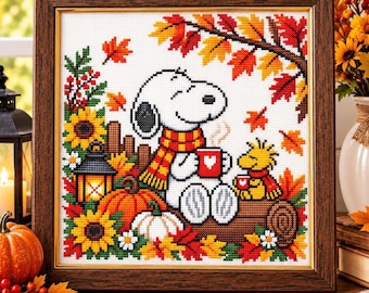 Snoopy Cross Stitch Pattern, Autumn Leaves and Pumpkin Scene PDF