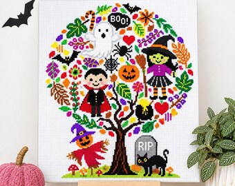 Halloween Tree Cross Stitch Pattern, Colorful Spooky PDF Download