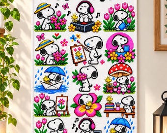 May include: A rectangular wall hanging featuring a grid of cross-stitch style illustrations of Snoopy and Woodstock. The design includes Snoopy painting, listening to music, holding flowers, and sitting in a paper boat under a blue umbrella.