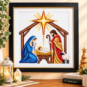 Patrón de punto de cruz de la Natividad, Niño Jesús, María, José, Estrella de Belén (PDF)