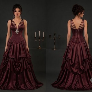 Front and back views of a model wearing a deep burgundy satin gown with a structured bodice and tiered skirt.