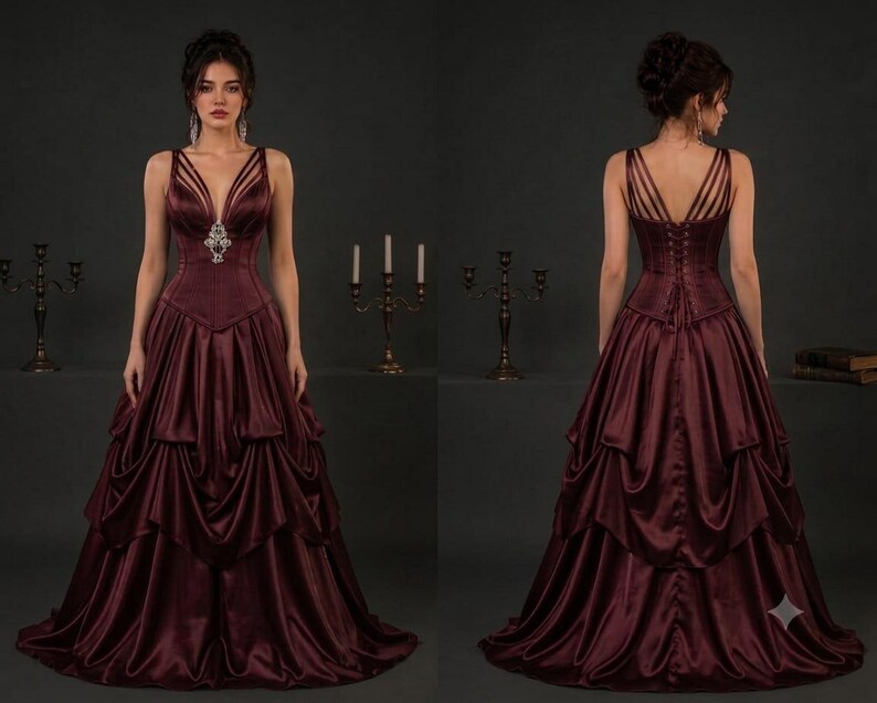 Front and back views of a model wearing a deep burgundy satin gown with a structured bodice and tiered skirt.