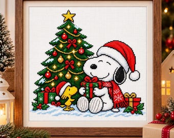 Snoopy and Woodstock Christmas Tree Cross Stitch Pattern, Digital Download