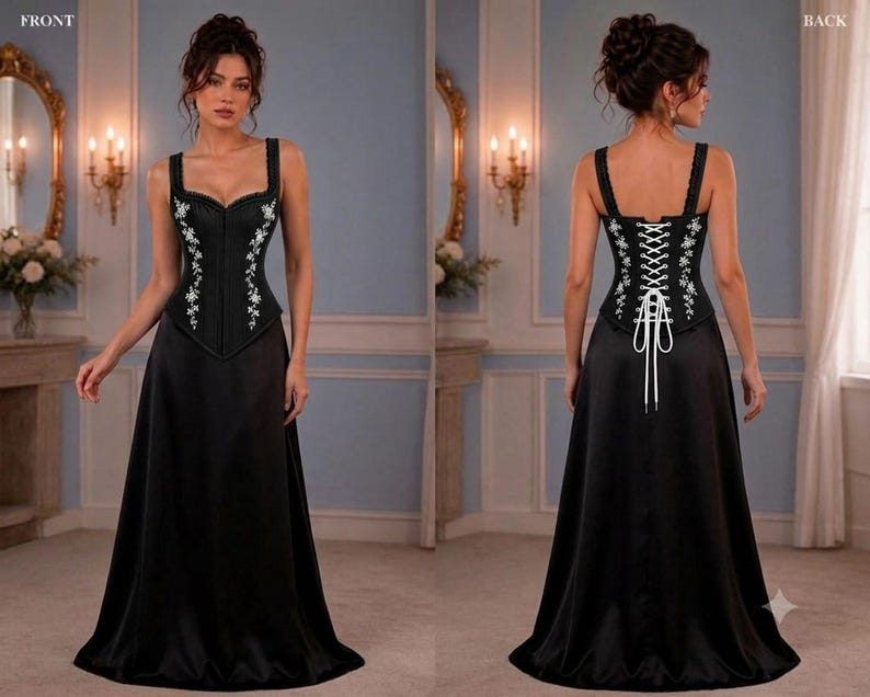 Front and back views of a model wearing a black satin dress featuring a corset bodice with white floral embroidery and lace-up back.