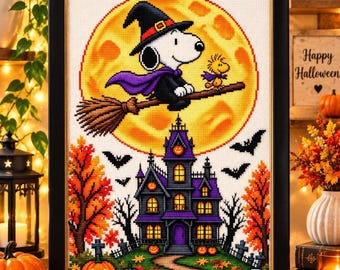Snoopy Cross Stitch Pattern, Witch Design with Haunted House and Moon