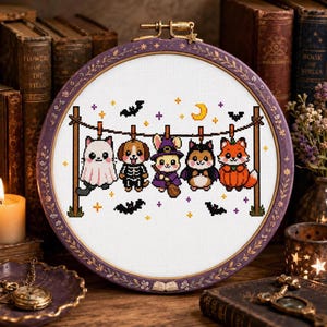 Spooky Cross Stitch Pattern, Halloween Clothesline Animals PDF Download