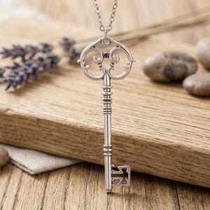 May include: A silver-toned metal key pendant hanging from a matching silver chain. The key features an ornate, scrolled bow at the top, a slender cylindrical shaft with decorative horizontal ridges, and a T-shaped bit at the bottom end.