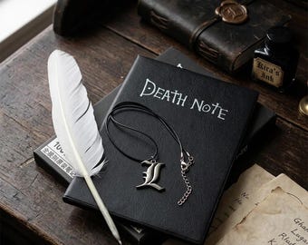 Dark Academia A5 Notebook & Feather Quill Pen Gift Set | Vintage Gothic Initial Journal Bundle | Old English L Pendant Necklace