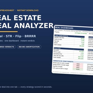 Foglio di calcolo per l'analisi delle transazioni immobiliari / Calcolatore 4 in 1 per immobili in affitto, Airbnb STR, Flip e BRRRR / Flusso di cassa e tasso di capitalizzazione in Excel