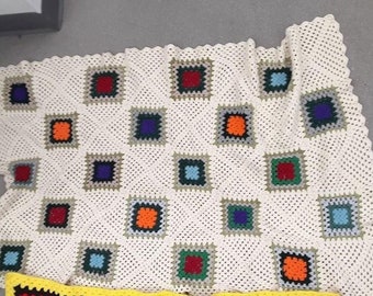 Vintage Hand-Knit, Multi-colored Granny Square 24" W x 48" L Table Cover or Runner