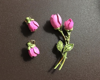 1950s CORO Pink and Green Enameled Budding Roses Brooch & Clip Earrings - BOOK PIECES