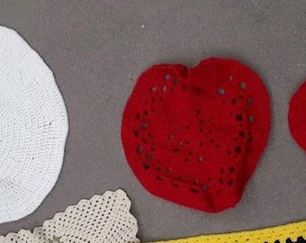 1980s Hand-Crocheted Christmas Doilies, White and Red (3 pcs)