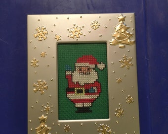 1980s "Santa's On His Way" Cross-Stitch 4x6 Frame by Kay Creatives (OOAK)