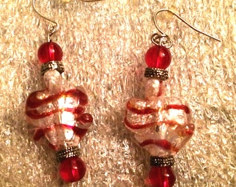 Candy Cane Candy - Fused Art Glass Bead Earrings, OOAK