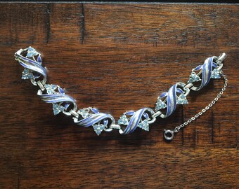1950s CORO Silver-tone Blue Enameled & Aquamarine Rhinestone Link Bracelet (7.5" L)