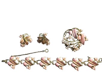 1940s CORO (Pegasus) Pink Enameled and Dyed Pink Seed Pearls Leaf Wreath Link Bracelet, Brooch & Clip Earrings - Book Pieces