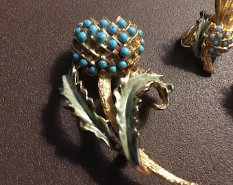 1960s CORO Turquoise Seed Pearls and Green Enameled Flower Brooch & Clip Earrings - Book Pieces (a number of Pearls are missing)