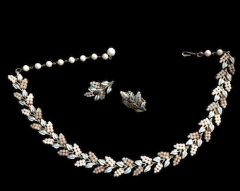 1940s CORO Blue Enameled and Pink Seed Pearls Cornflower Necklace & Clip Earrings - Book Pieces