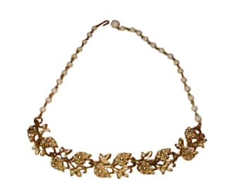 1950s CORO (Pegasus) White Enameled & Beaded Leaf Link Choker Necklace (16" L with extender)