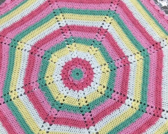 Vintage Hand-Crocheted Pastel Colors Round Afghan Table Cover (60")