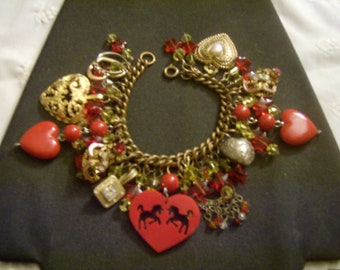 Custom Made "Romancing the West" Upcycled Celluloid, Glass & Gold 7.5” Charm Bracelet (OOAK)