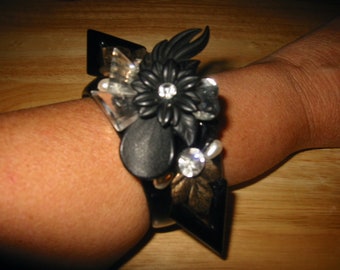 Custom Made "Art Deco Panache" Upcycled Acrylic Bangle Bracelet (OOAK)