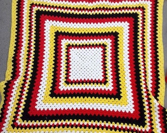 Vintage Hand-Knit Square Red, Yellow, Black, White Afghan Table Cover (52" x 52")