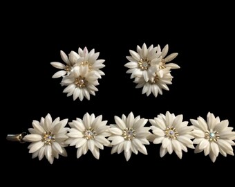 1940s CORO White Plastic and Crystal Rhinestone Flower Bracelet & Clip Earrings - Book Pieces