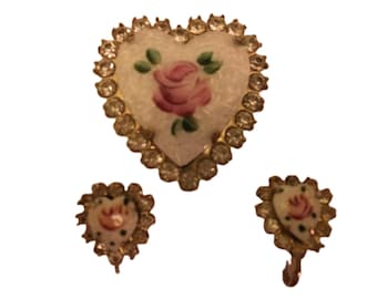 1940s CORO Pink Rose Gilloche Rhinestone Heart Pin & Screw-back Earrings