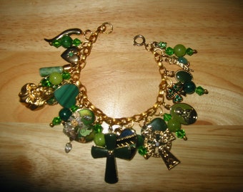 Custom Made "Irish Faith in Jade" Upcycled Gemstone & Gold 7.25" Charm Bracelet (OOAK)