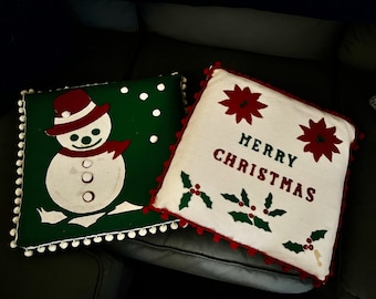 Vintage 1970s Felt Holiday Christmas Pillows, Season’s Greetings & Snowman, 16x16x2 by Annabelle's Angels (set of 2)