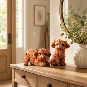 Peut inclure: Deux figurines de vaches Highland brunes avec une fourrure texturée hirsute, de petites cornes et des yeux sombres. Une figurine est en position couchée, tandis que l'autre est assise. Les deux présentent des détails sculptés et réalistes.