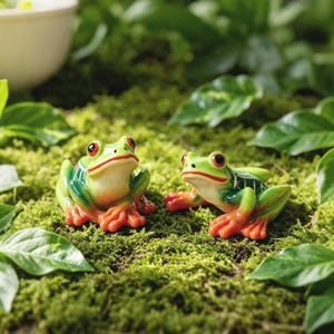 Peut inclure: Deux petites figurines de grenouilles avec une finition brillante. Chaque grenouille présente un dos vert vif, un dessous crème et des pattes orange vif. Elles ont des yeux noirs proéminents avec des iris rouges et sont assises.