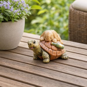 May include: A decorative figurine featuring a light brown rabbit resting on the shell of a green and brown turtle. The turtle has a smiling expression, and a small green bottle with a gold label is positioned on the side of its textured shell.