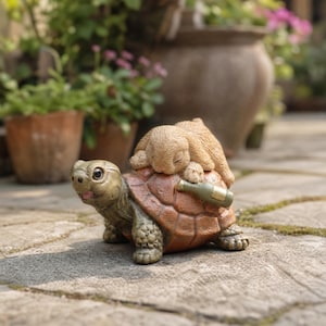 May include: A decorative garden figurine featuring a light brown rabbit resting on the back of a green and brown turtle. The turtle has a textured shell with a small green bottle attached to the side. The sculpture is crafted with detailed fur and shell textures.
